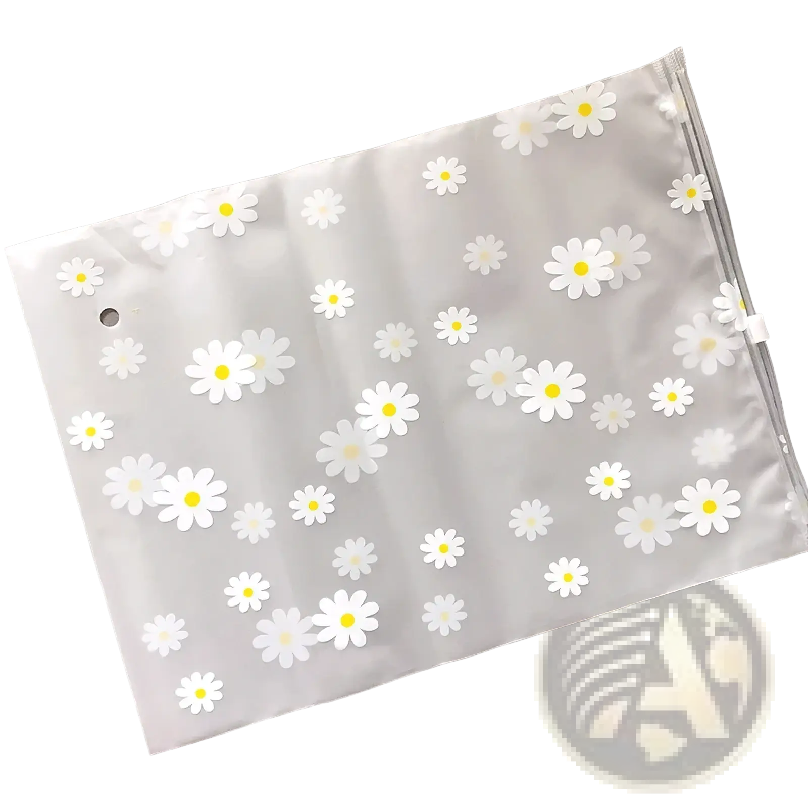 Floral clear travel cosmetic bag with translucent white plastic, white daisy pattern, and clear zipper closure