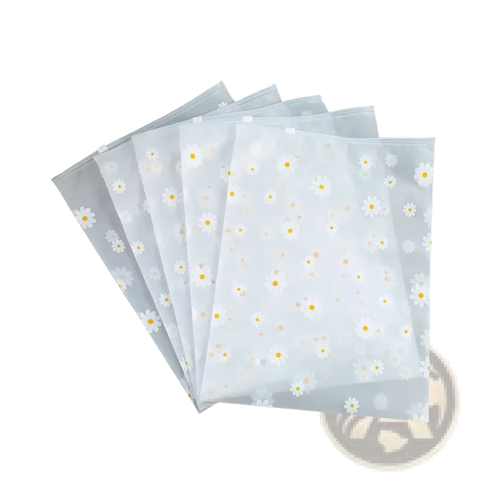 Floral clear travel cosmetic bag with clear plastic file folders featuring white daisy patterns and transparent zippers