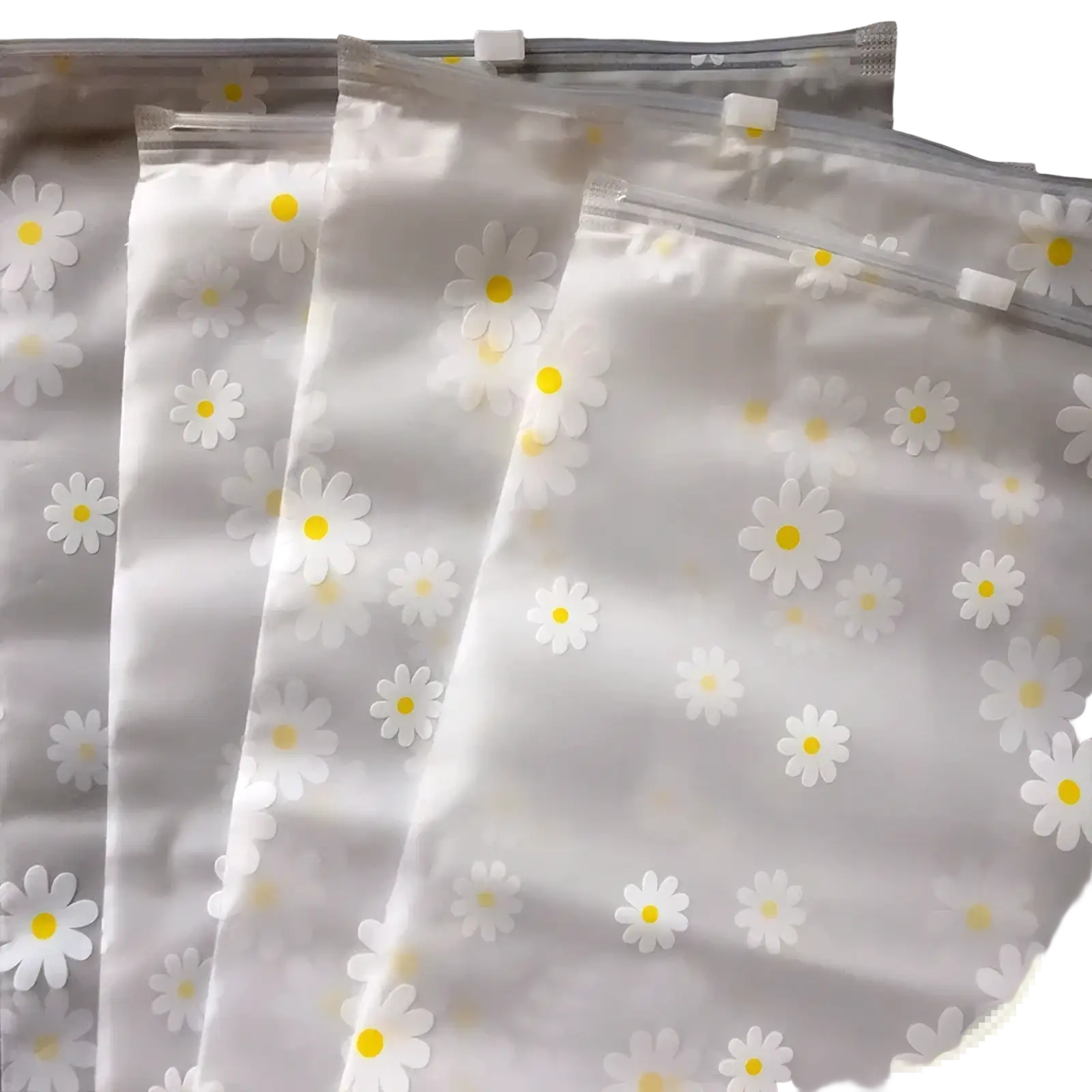 Floral clear travel cosmetic bag made of clear plastic with white daisies and yellow centers delicate pattern