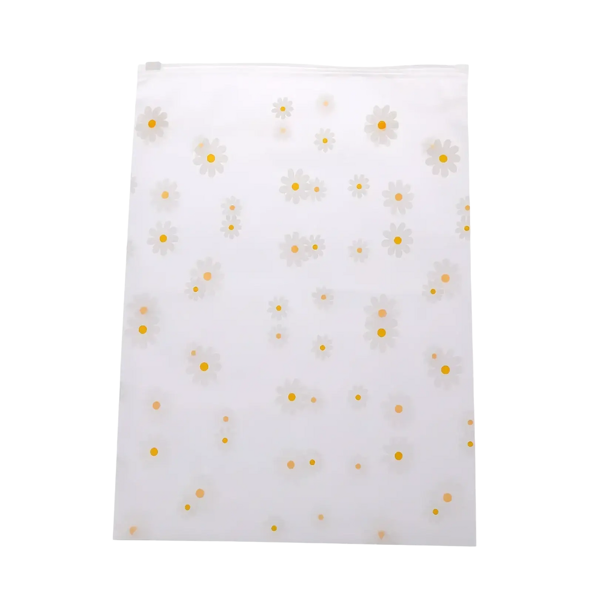 Floral clear travel cosmetic bag made of clear plastic with a zip top and white daisies with yellow centers pattern
