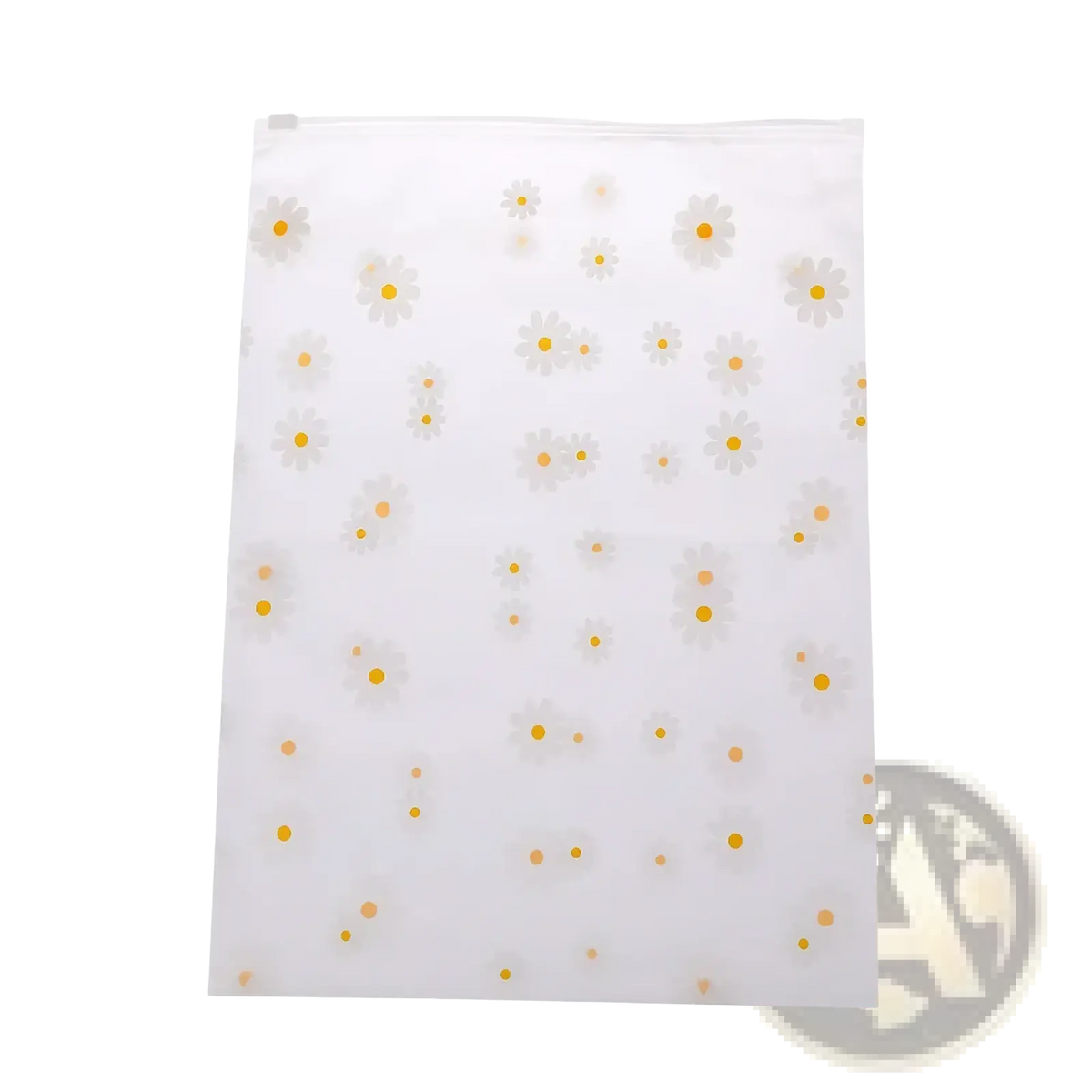 Floral clear travel cosmetic bag made of clear plastic with a zip top and white daisies with yellow centers pattern