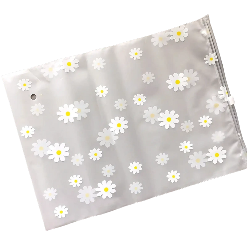 Floral clear travel cosmetic bag with translucent white plastic, white daisy pattern, and clear zipper closure