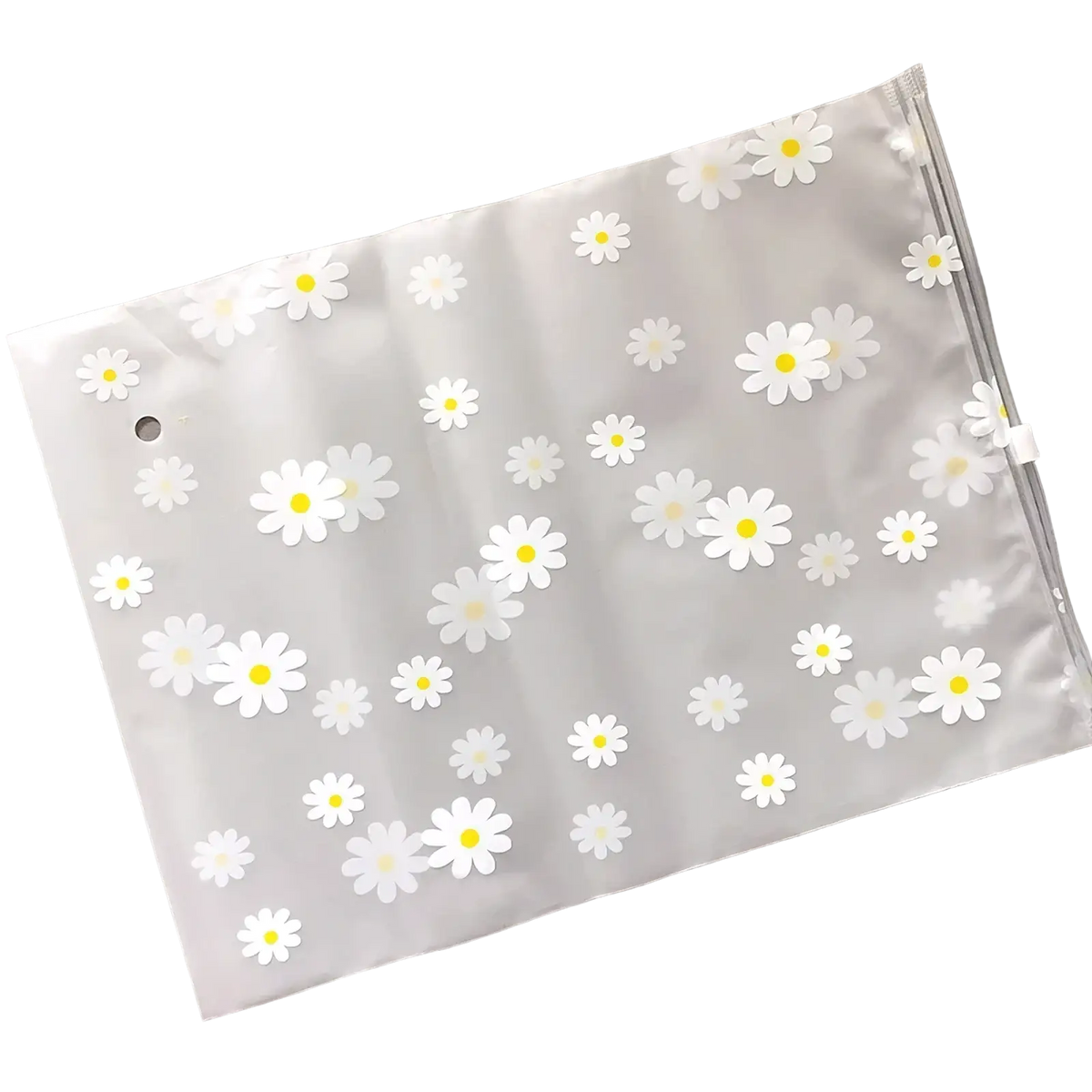 Floral clear travel cosmetic bag with translucent white plastic, white daisy pattern, and clear zipper closure