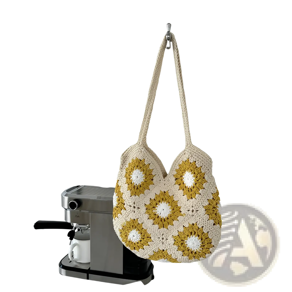 Floral crochet woven shoulder tote bag in beige and mustard yellow with white centers and hexagonal floral pattern