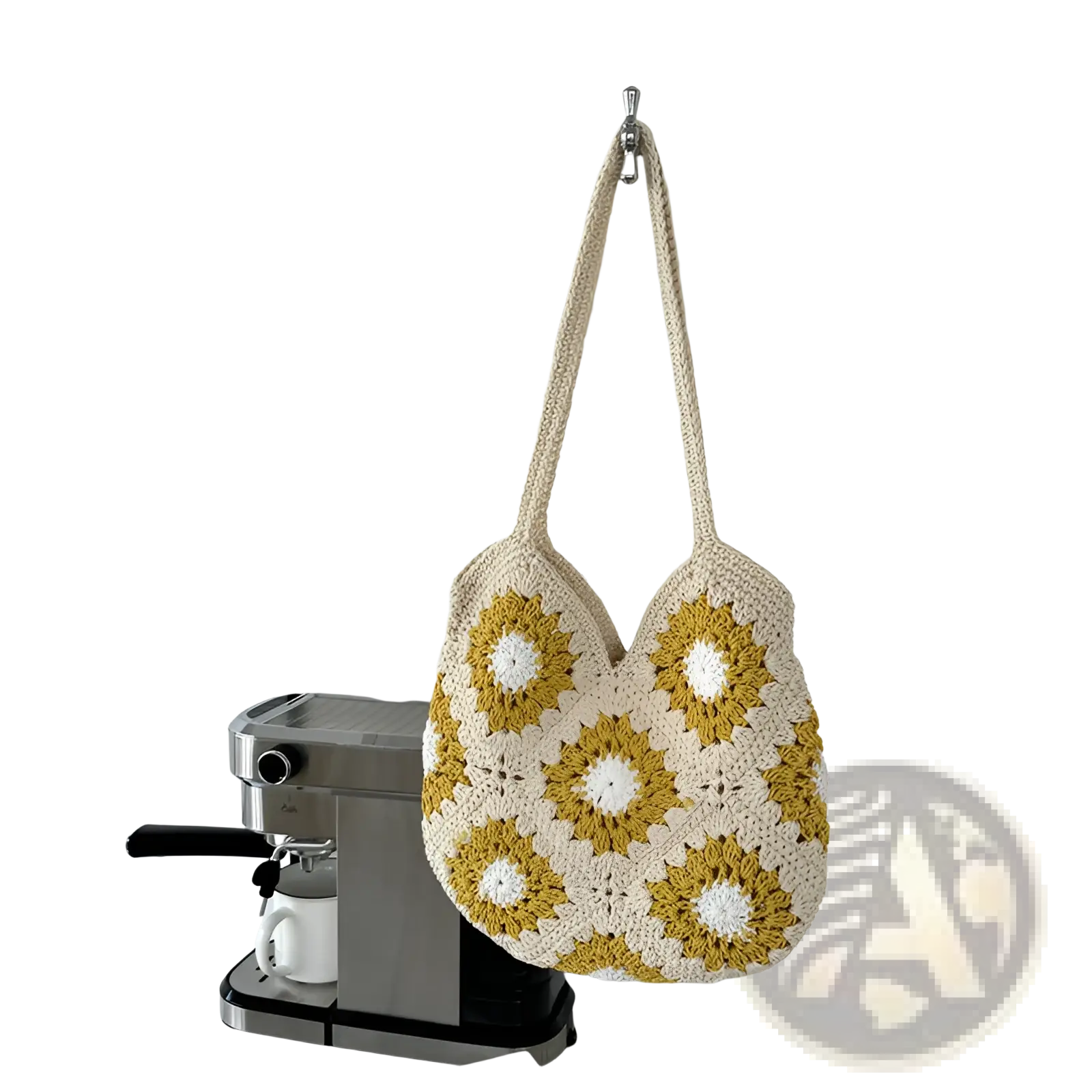 Floral crochet woven shoulder tote bag in beige and mustard yellow with white centers and hexagonal floral pattern