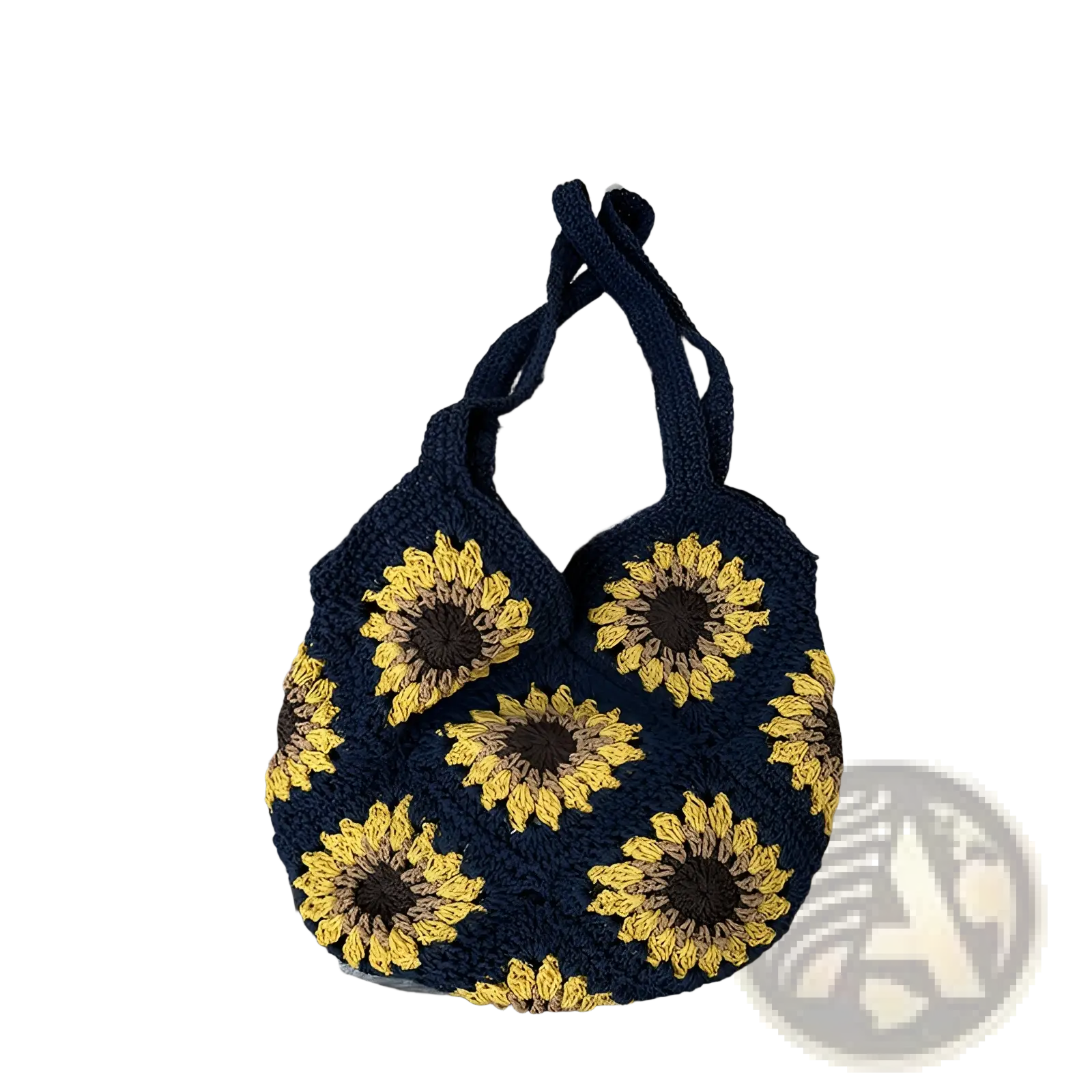 Navy blue crocheted floral shoulder tote bag with vibrant yellow sunflower motifs and matching handles