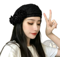 Black lace beret featuring three dimensional fabric roses in floral denim contrast flower design