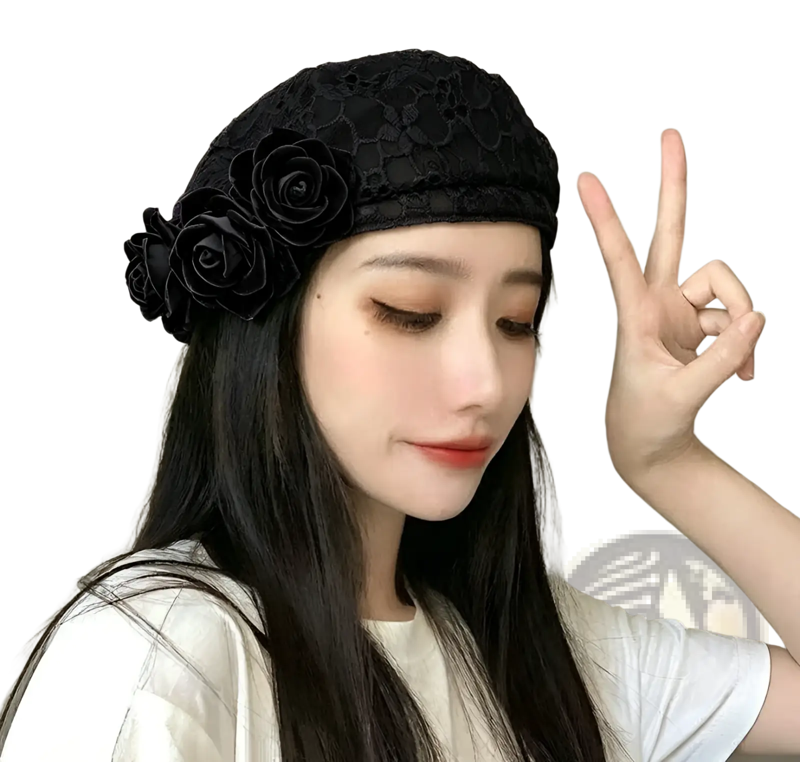Black lace beret featuring three dimensional fabric roses in floral denim contrast flower design
