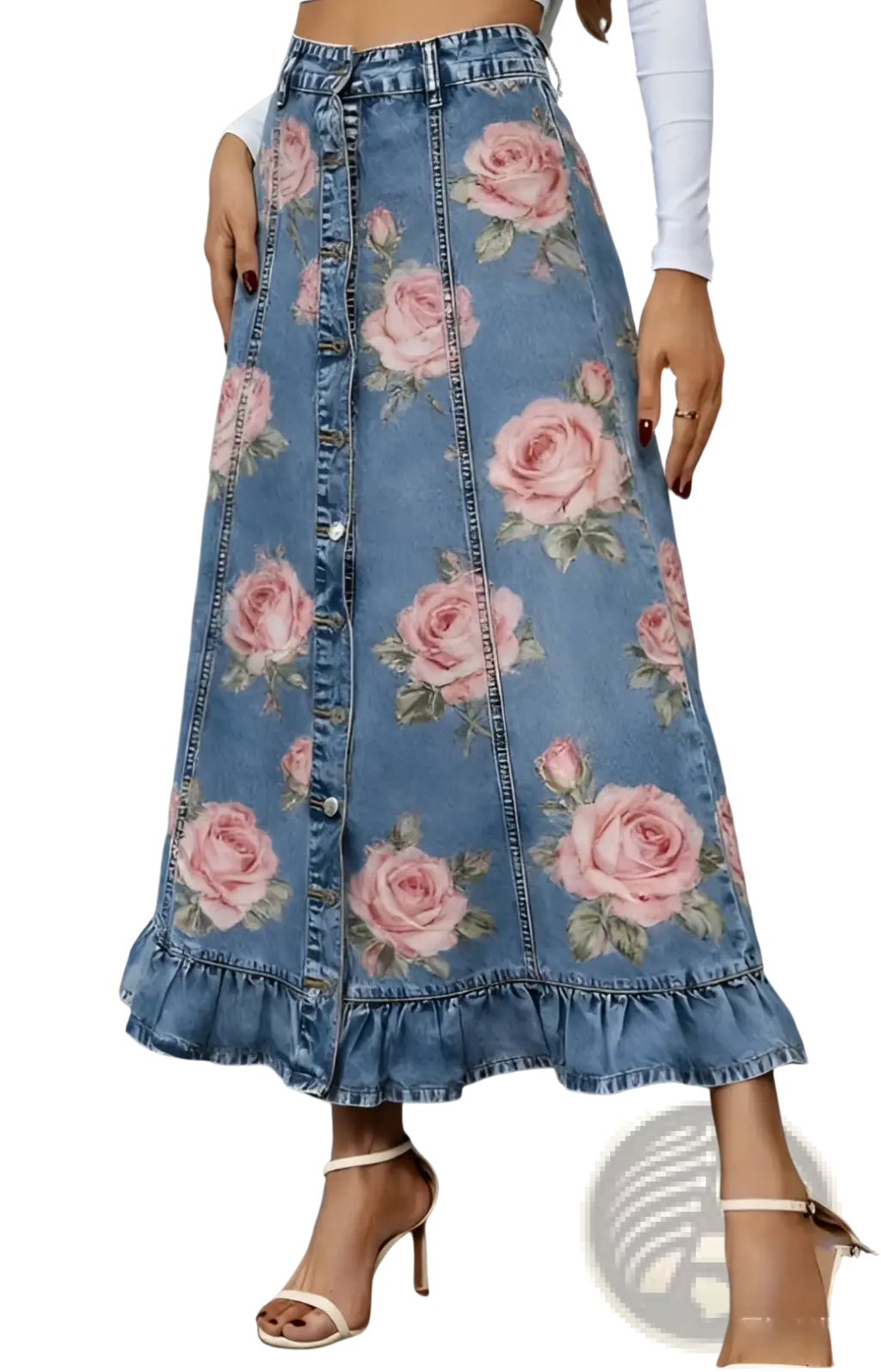 A floral denim peplum skirt featuring a pink rose print and button-front closure in blue denim material