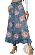 A floral denim peplum skirt featuring a pink rose print and button-front closure in blue denim material