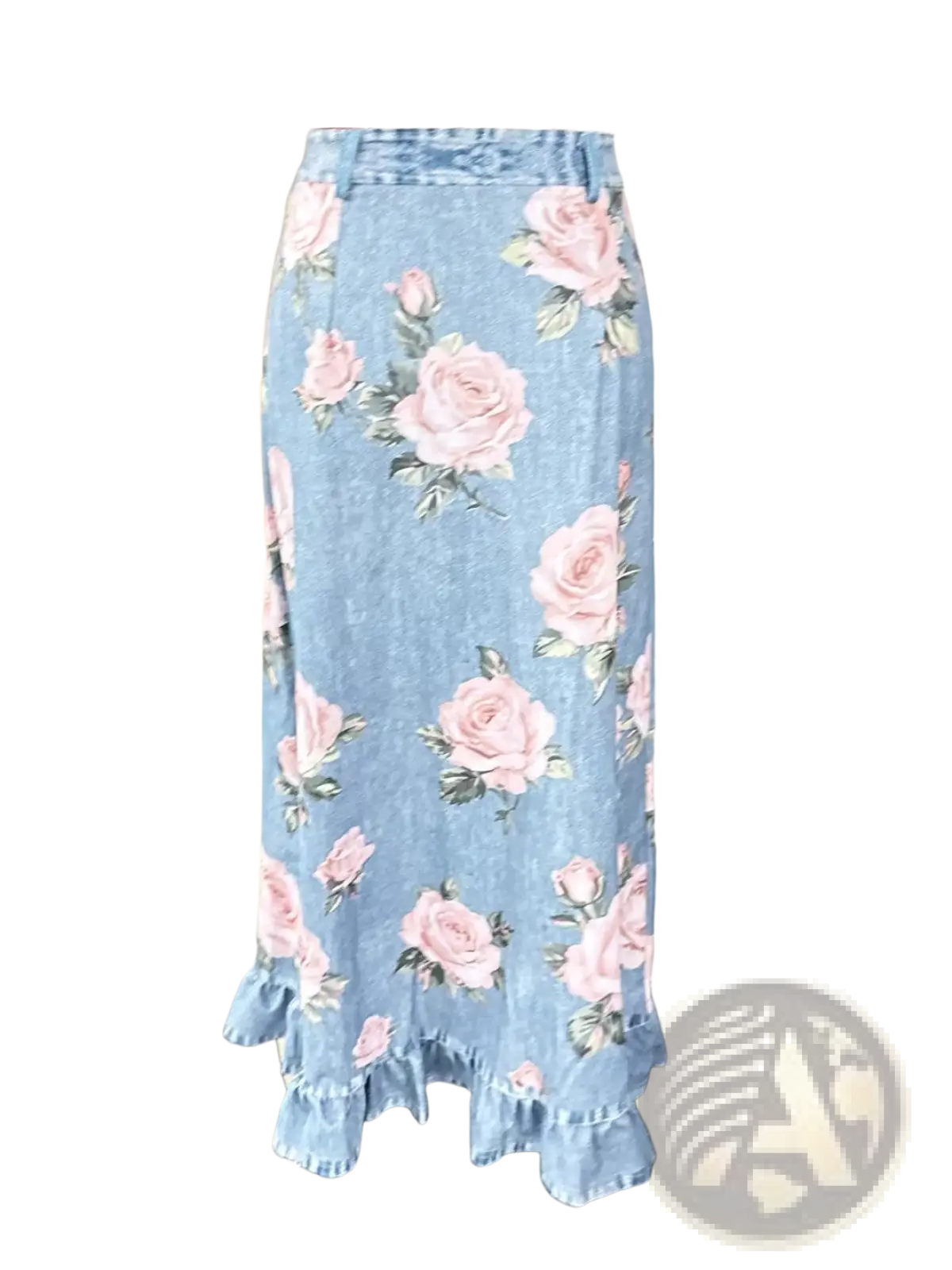 A light blue denim floral peplum skirt with pink roses green leaves and a ruffled hem for stylish wear