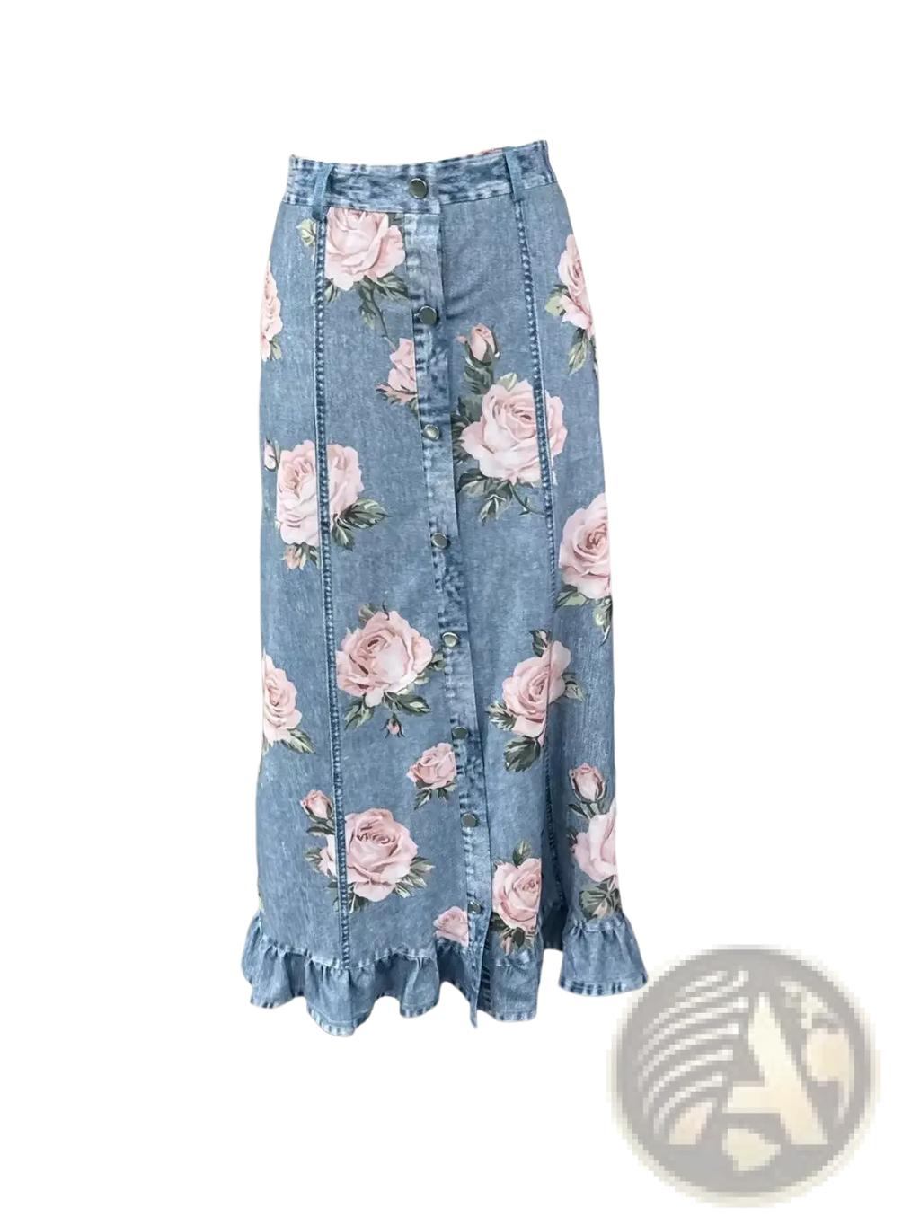 Floral denim peplum skirt with soft pink and green rose pattern, button closures, and ruffled hem
