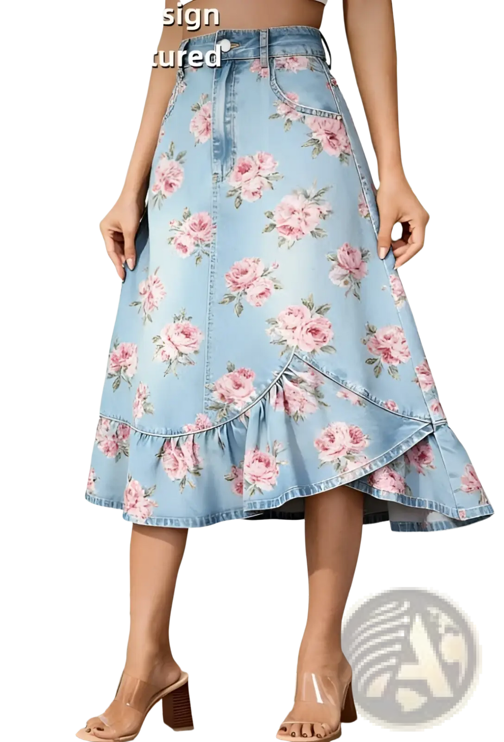 Light blue high waisted denim skirt with pink rose floral print and ruffled hemline in a line style