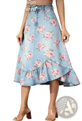 Light blue high waisted denim skirt with pink rose floral print and ruffled hemline in a line style