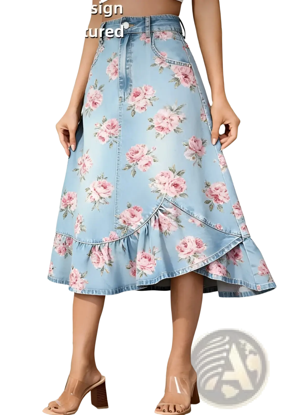 Light blue high waisted denim skirt with pink rose floral print and ruffled hemline in a line style