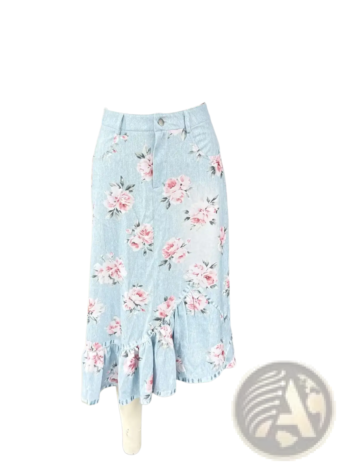 A light blue high waisted denim skirt with a delicate pink floral pattern and a ruffled a line hemline
