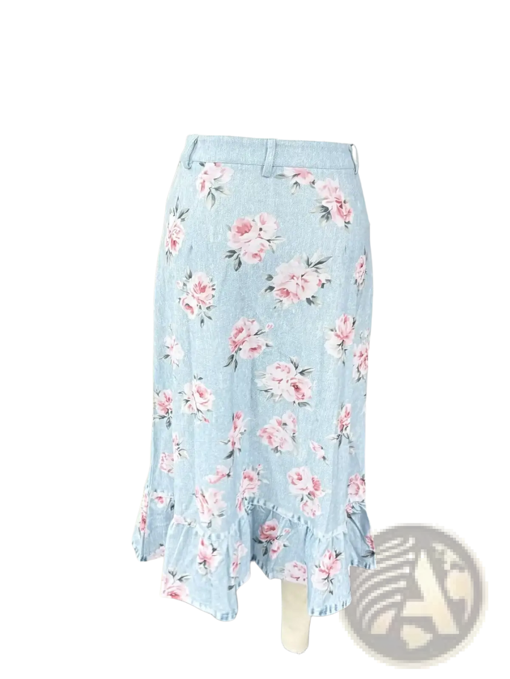 A light blue denim floral skirt with pink flowers high waisted ruffled a line hemline