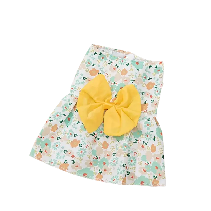 A cheerful floral dog princess dress for children with soft pastel tones and a large bright yellow bow
