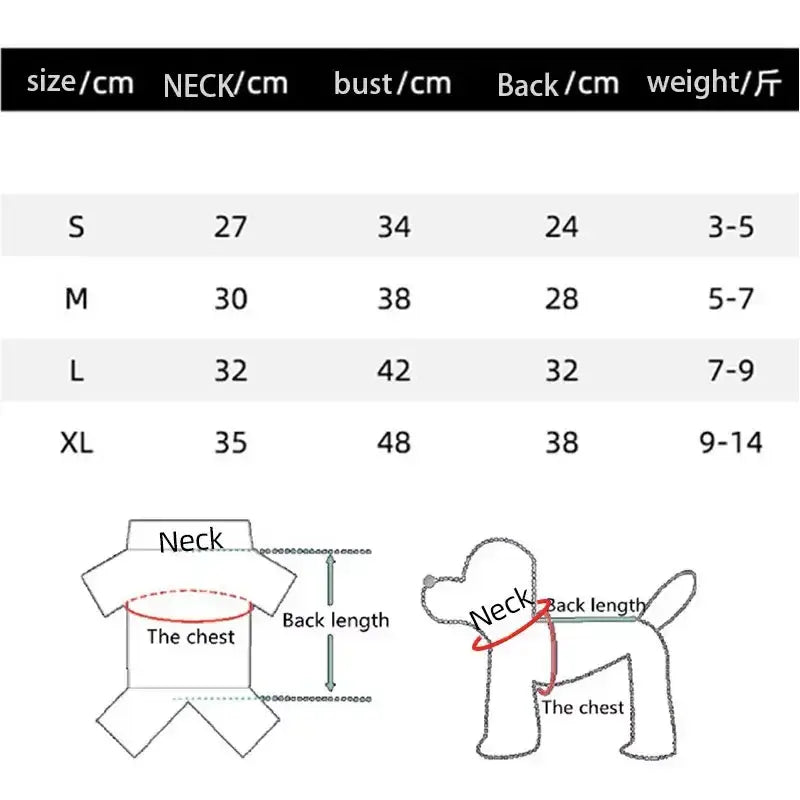Size chart for floral dog princess dress with bow showing women’s top measurements in centimeters and weight ranges