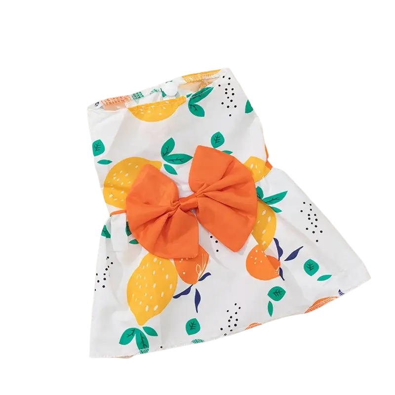 White floral dog princess dress with citrus print and orange bow for elegant pet occasions