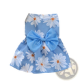 Light blue floral dog princess dress with white daisy print and a matching large bow at the waist