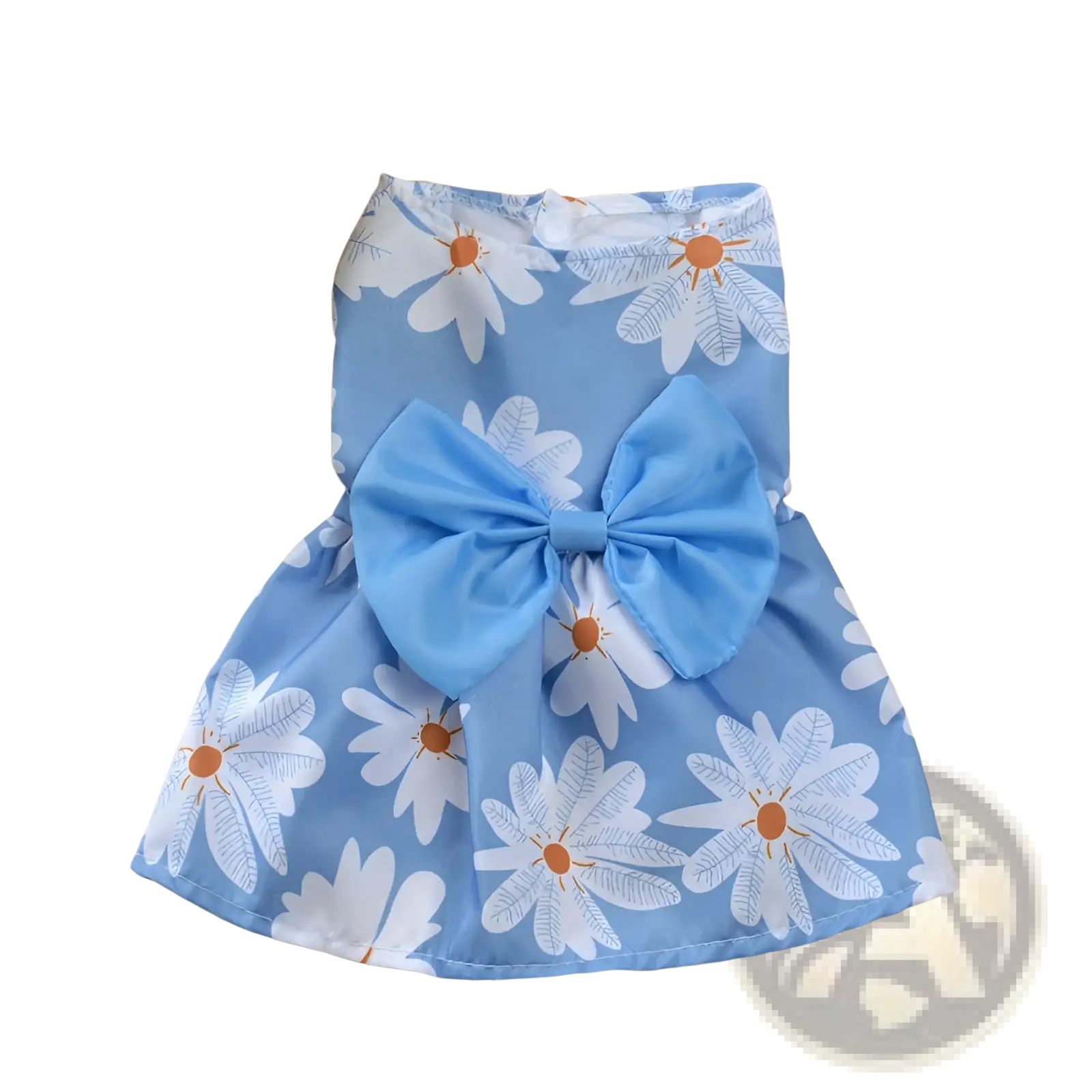 Light blue floral dog princess dress with white daisy print and a matching large bow at the waist