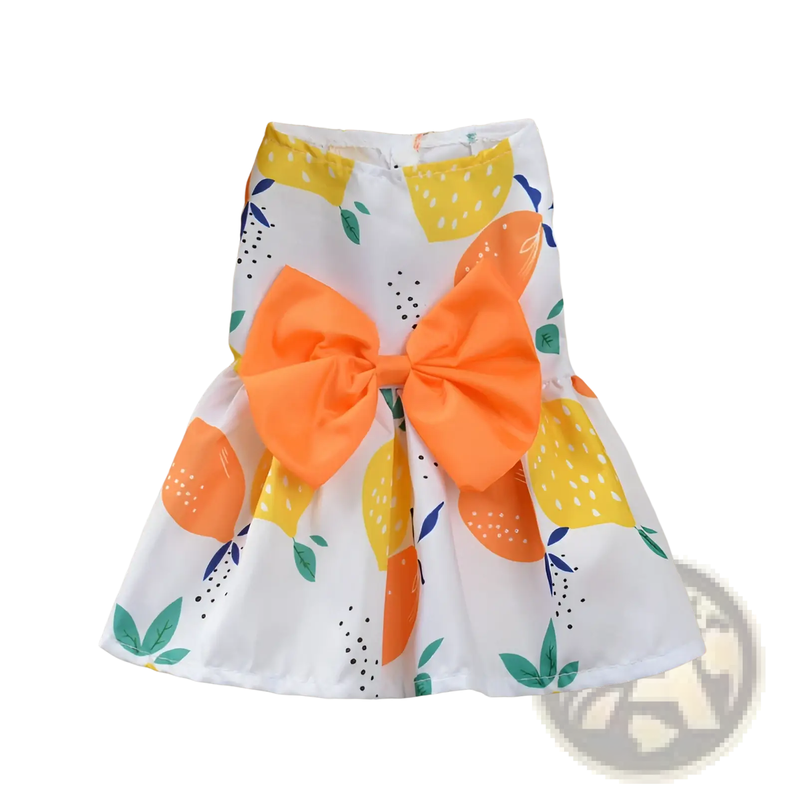 Floral dog princess dress with white skirt, vibrant orange bow, and yellow lemon and orange citrus print on light background