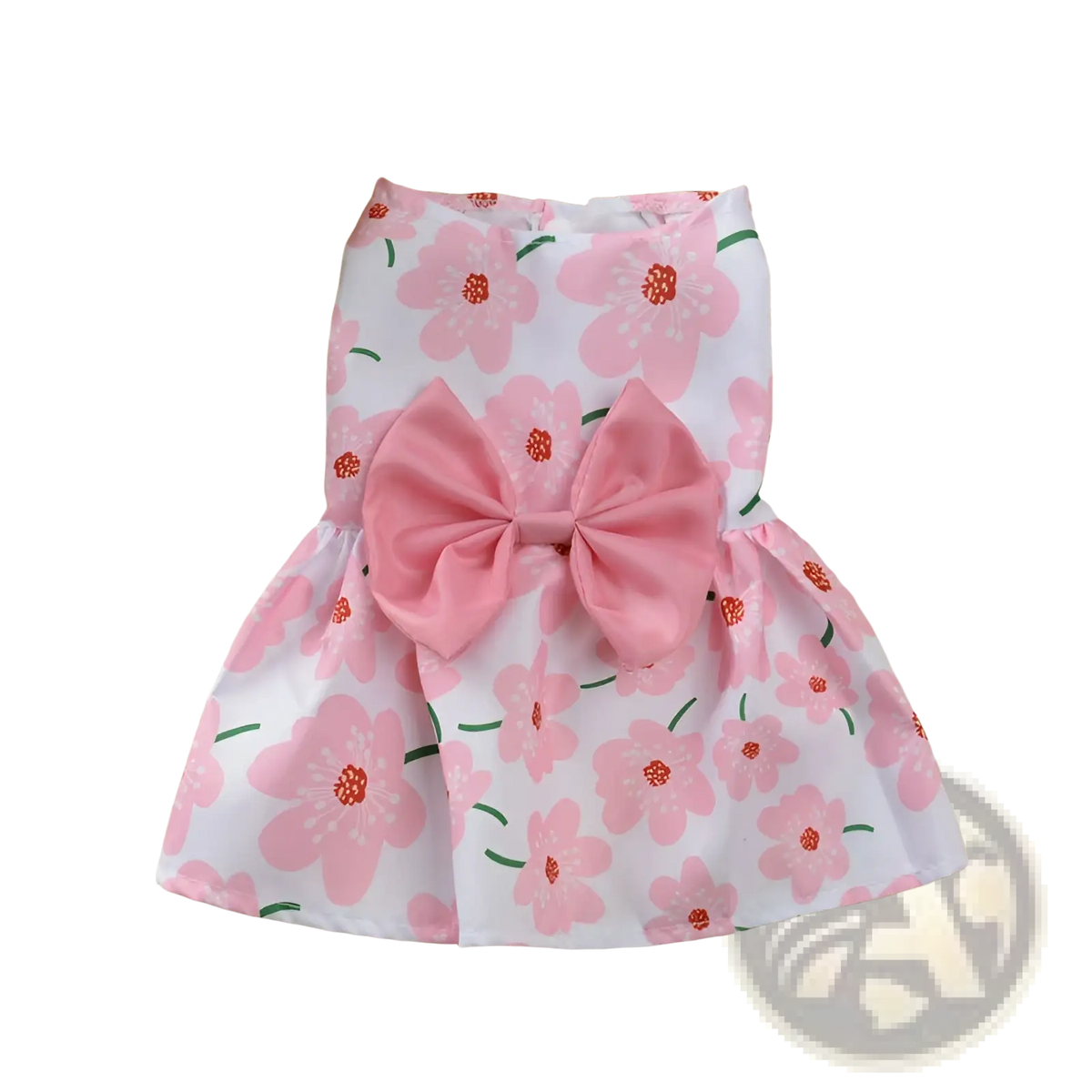Pink floral patterned dog princess dress with matching satin bow at the waist for strawberry daisy pet apparel