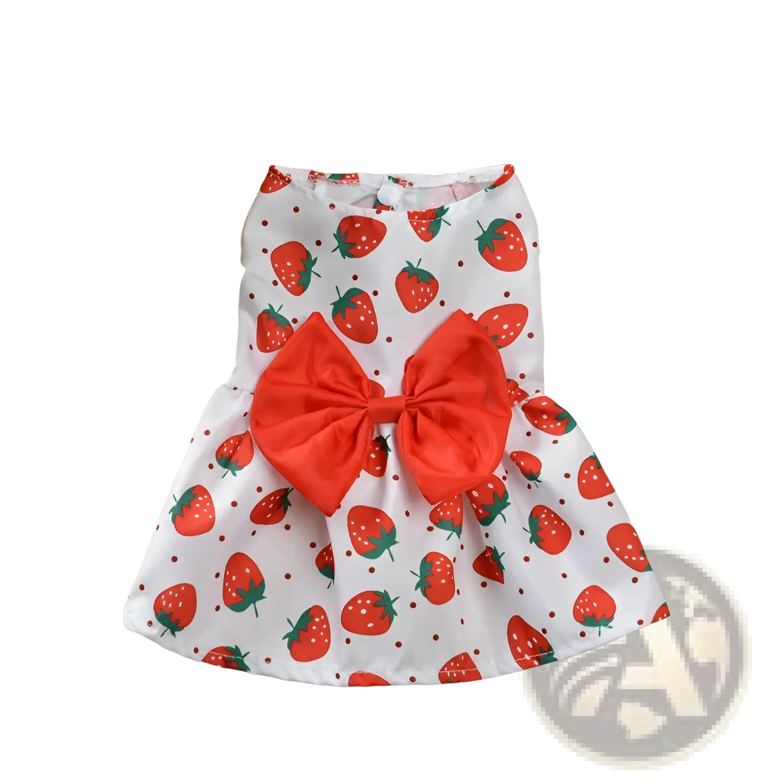 White strawberry-patterned floral dog princess dress with large red bow at waist designed for pet apparel