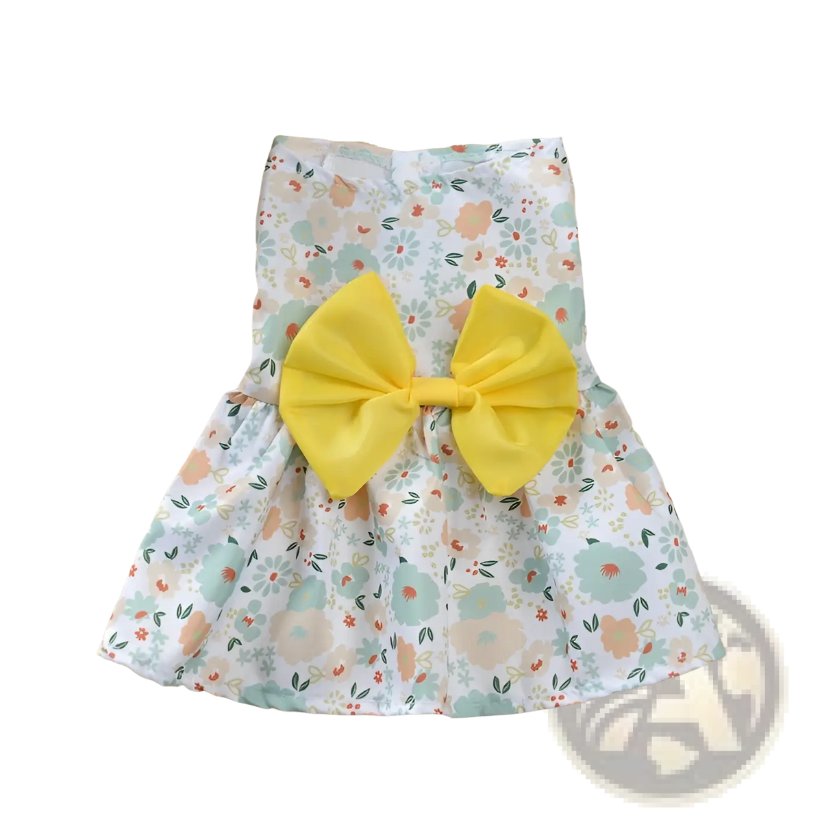 A charming white floral dog princess dress with a vibrant yellow bow at the waist for pet apparel