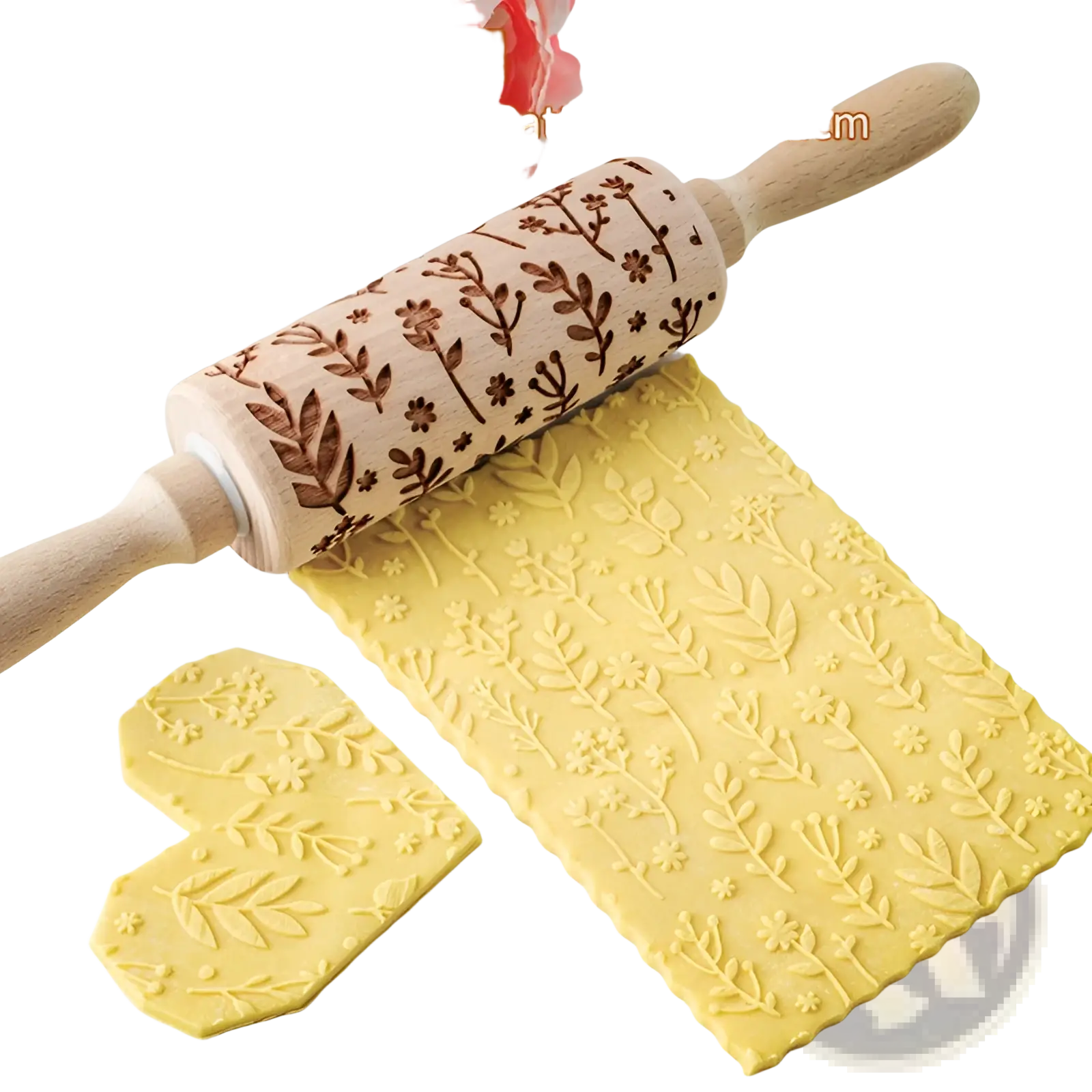 Wooden beech wood rolling pin with dark brown floral and leaf spring pattern for baking embossing