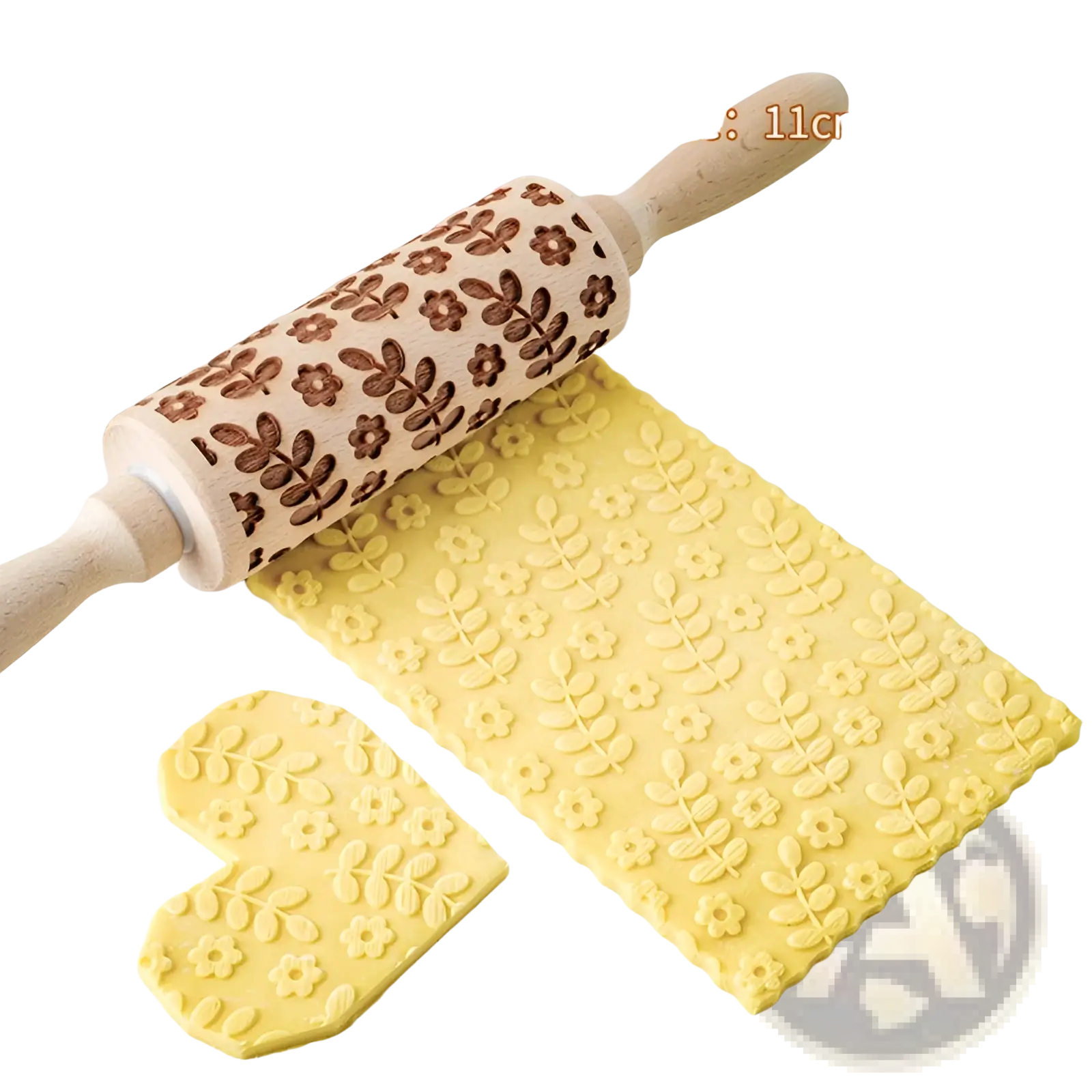 Floral embossed beech wood rolling pin with dark brown carved floral motifs on natural wood grain for baking