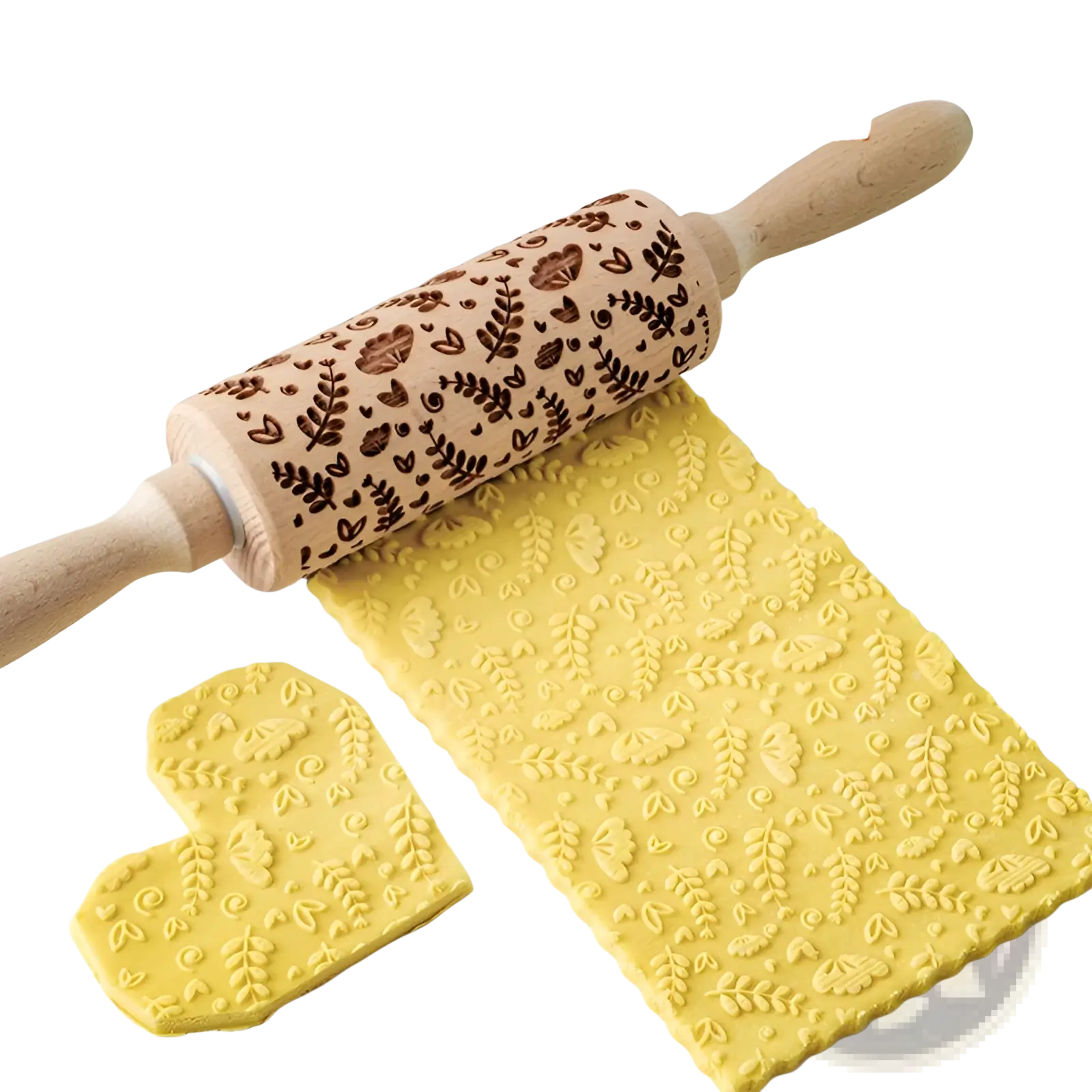 Floral embossed beech wood rolling pin with dark brown spring leaf and heart pattern for baking use