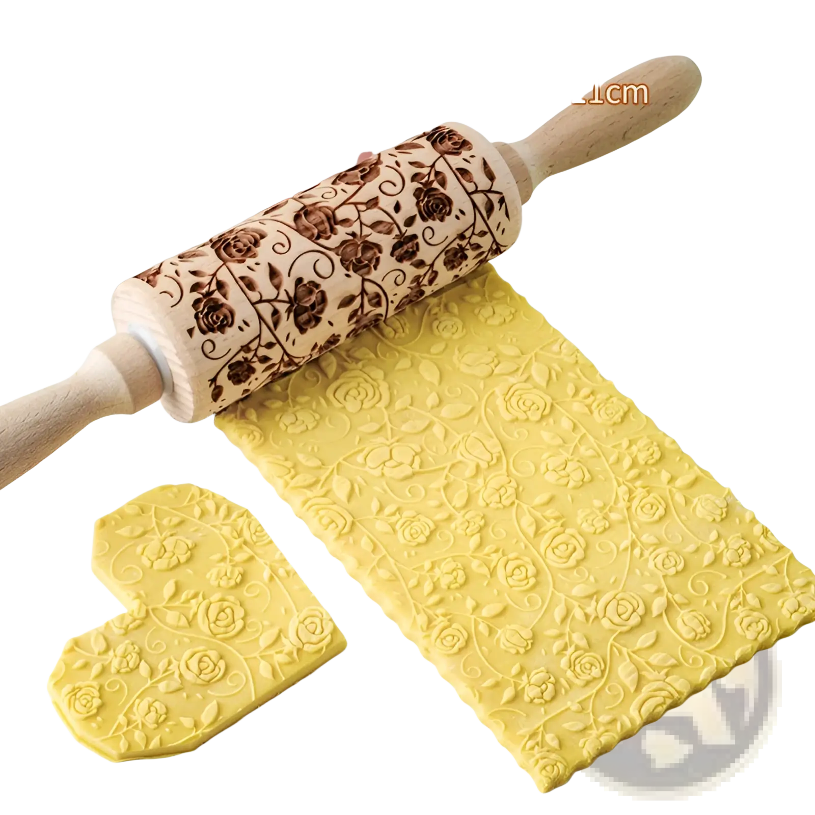 Wooden rolling pin with brown floral engraving and natural beech wood handle for baking purposes