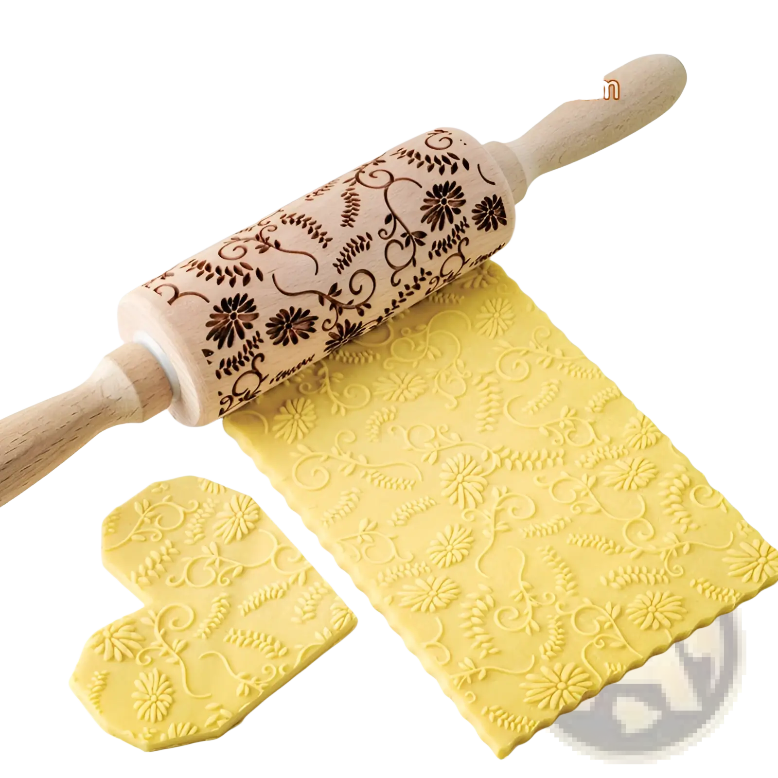 Floral embossed beech wood rolling pin with dark brown spring pattern carvings for baking