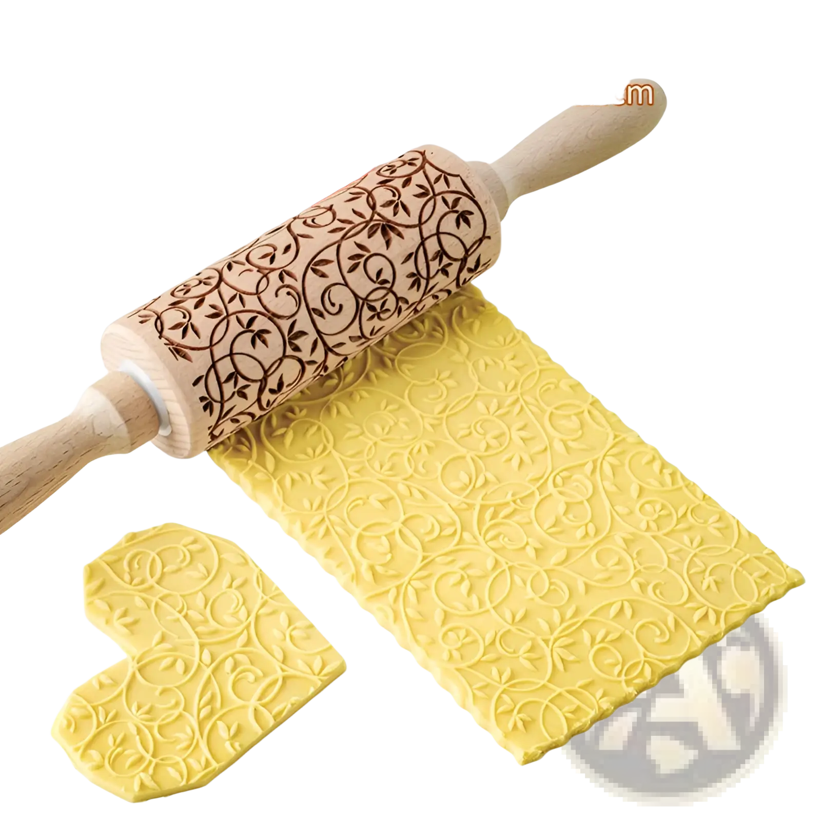 Floral embossed beech wood rolling pin with dark brown spring pattern and light wood handles for baking yellow dough