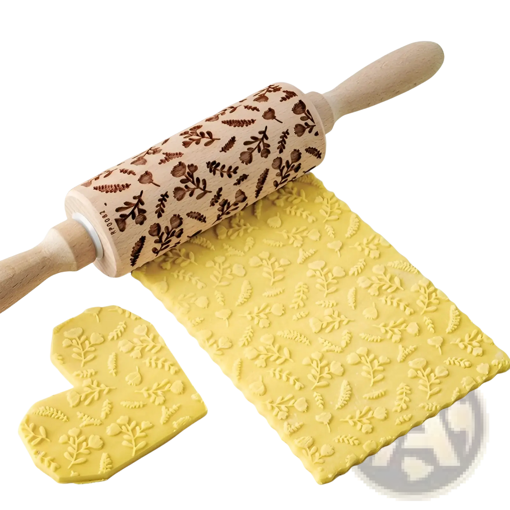 A floral embossed beech wood rolling pin with natural finish and light handles for baking use