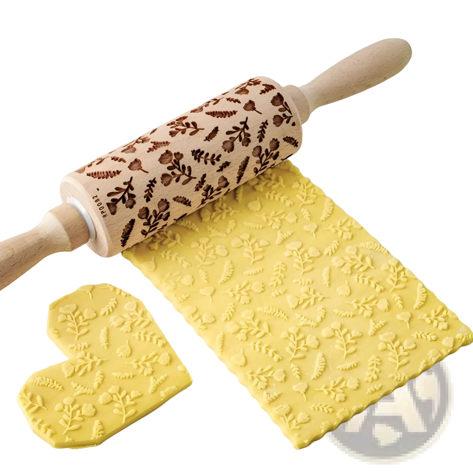 A floral embossed beech wood rolling pin with natural finish and light handles for baking use