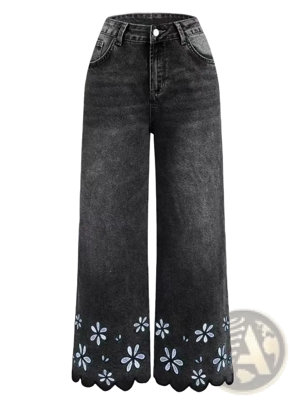 Black denim wide-leg pants with scalloped hem and white floral embroidery floral embroidered cropped denim jeans
