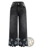 Black denim wide-leg pants with scalloped hem and white floral embroidery floral embroidered cropped denim jeans