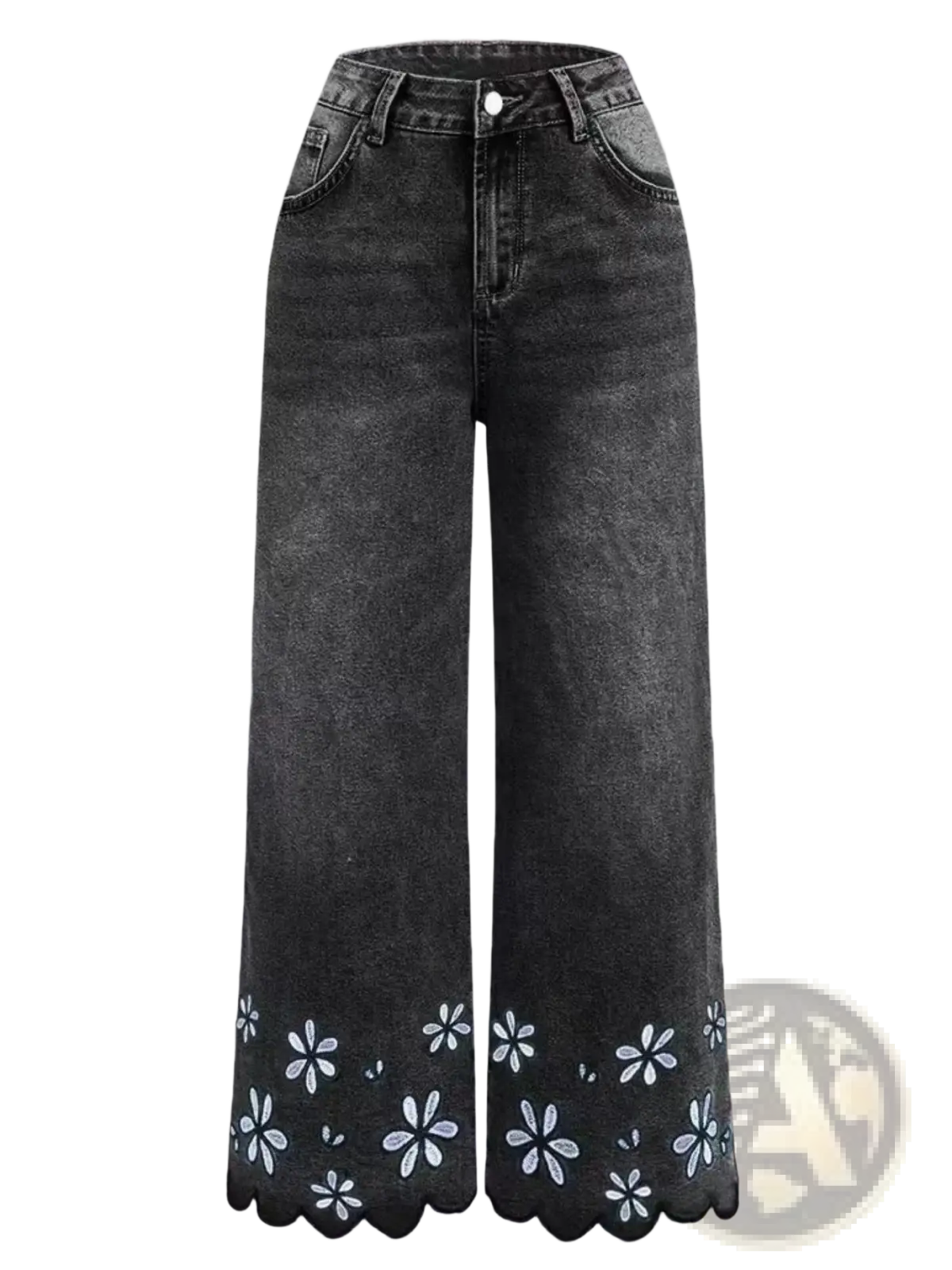 Black denim wide-leg pants with scalloped hem and white floral embroidery floral embroidered cropped denim jeans
