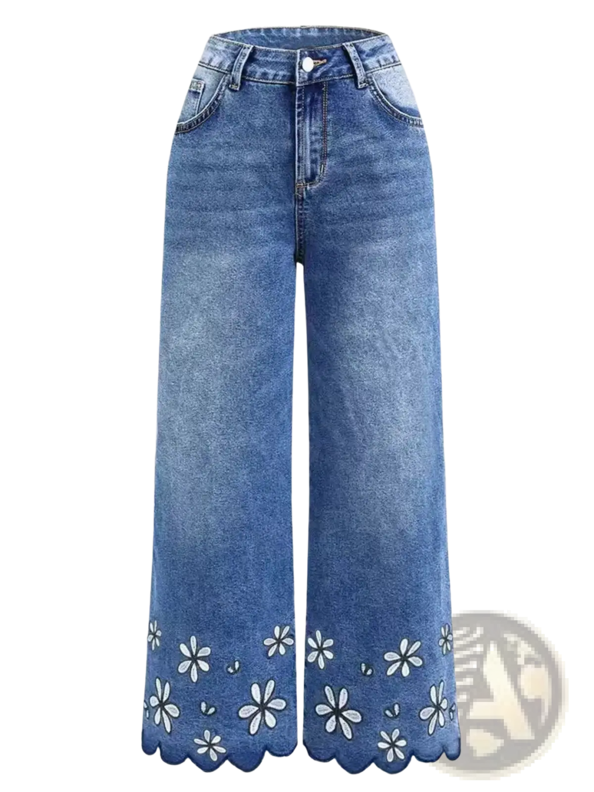 Blue denim wide-leg pants with white floral embroidery along the scalloped hem floral embroidered cropped denim jeans