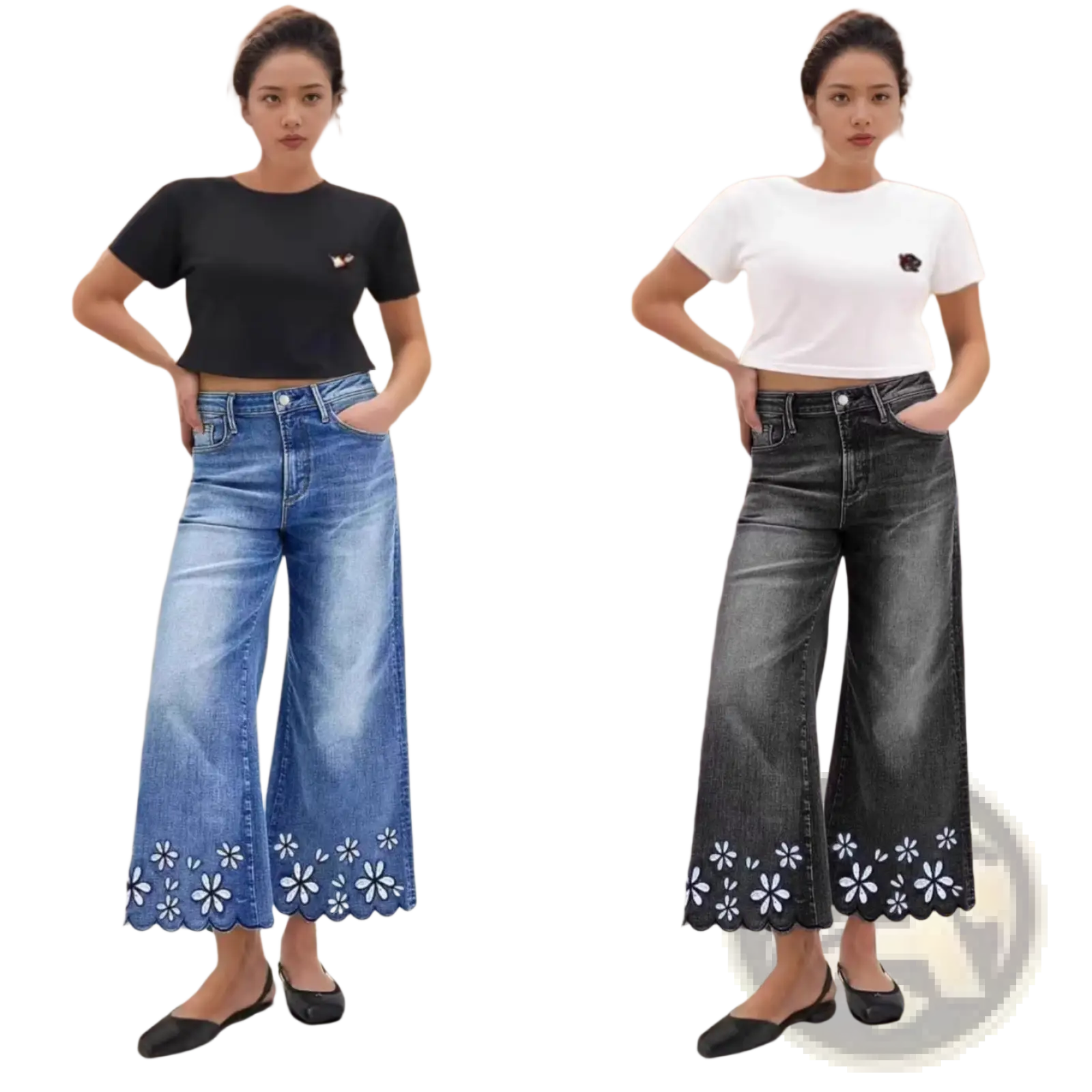 Floral embroidered cropped wide-leg denim jeans with white floral embroidery along scalloped hemline