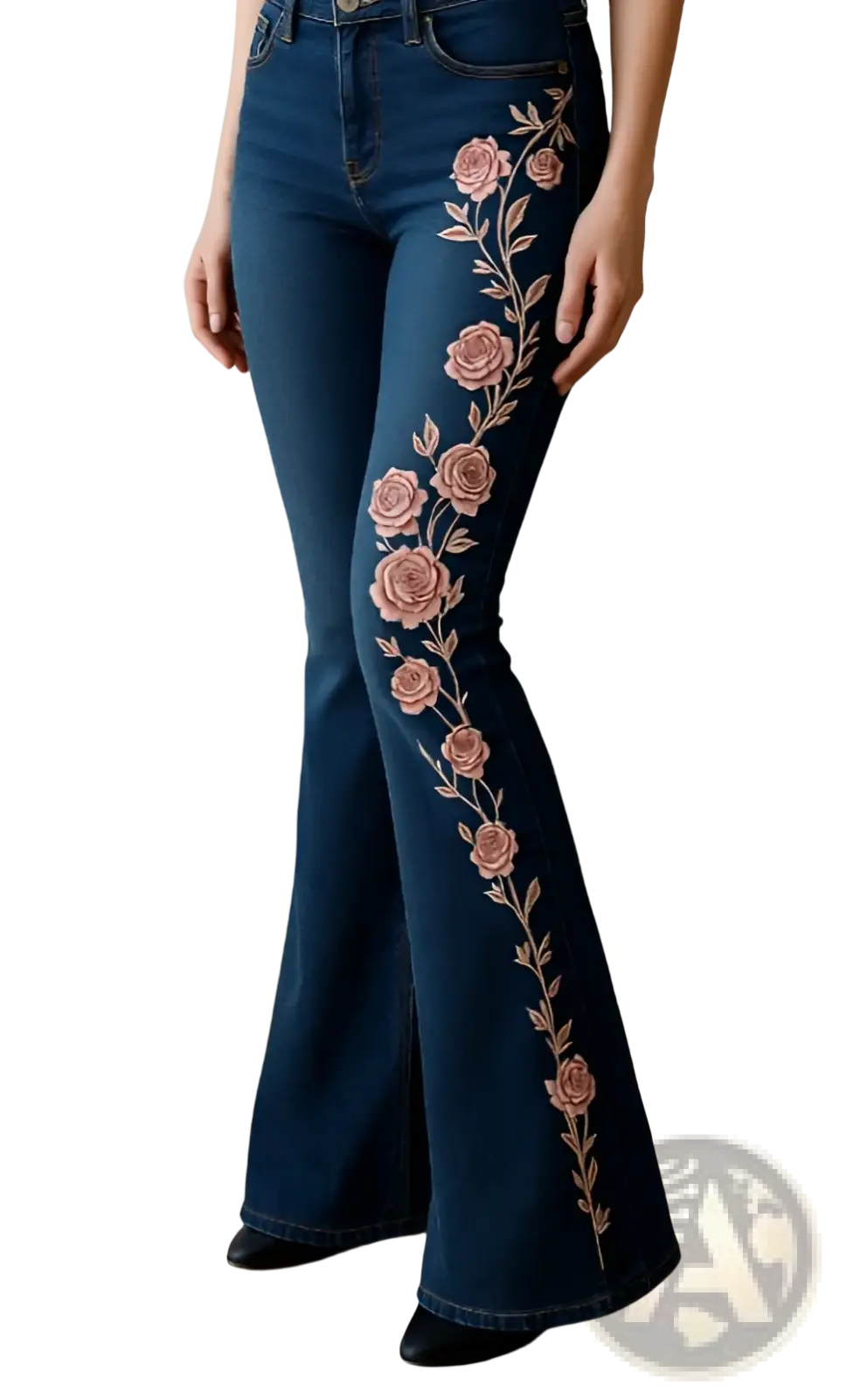 Dark blue denim floral embroidered flare jeans with vertical pink rose embroidery along the outer leg