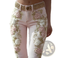 Floral embroidered pink denim flare jeans featuring intricate rose embroidery in pink white with gold thread and beads