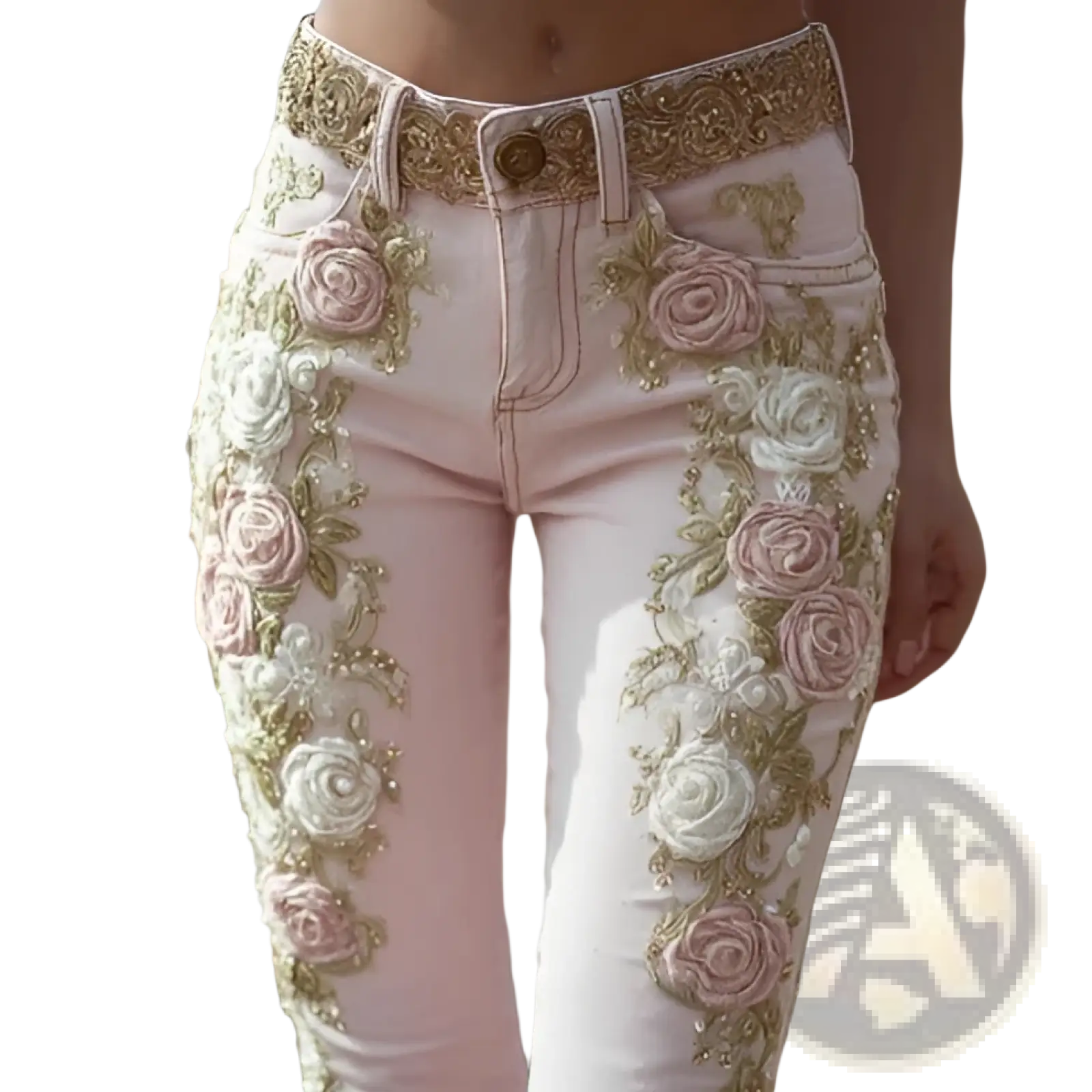 Floral embroidered pink denim flare jeans featuring intricate rose embroidery in pink white with gold thread and beads