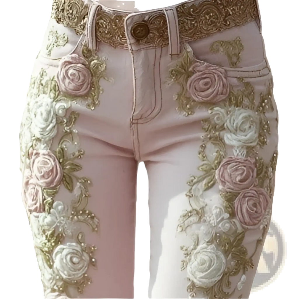 Floral embroidered pink denim flare jeans featuring intricate rose embroidery in shades of pink white and gold