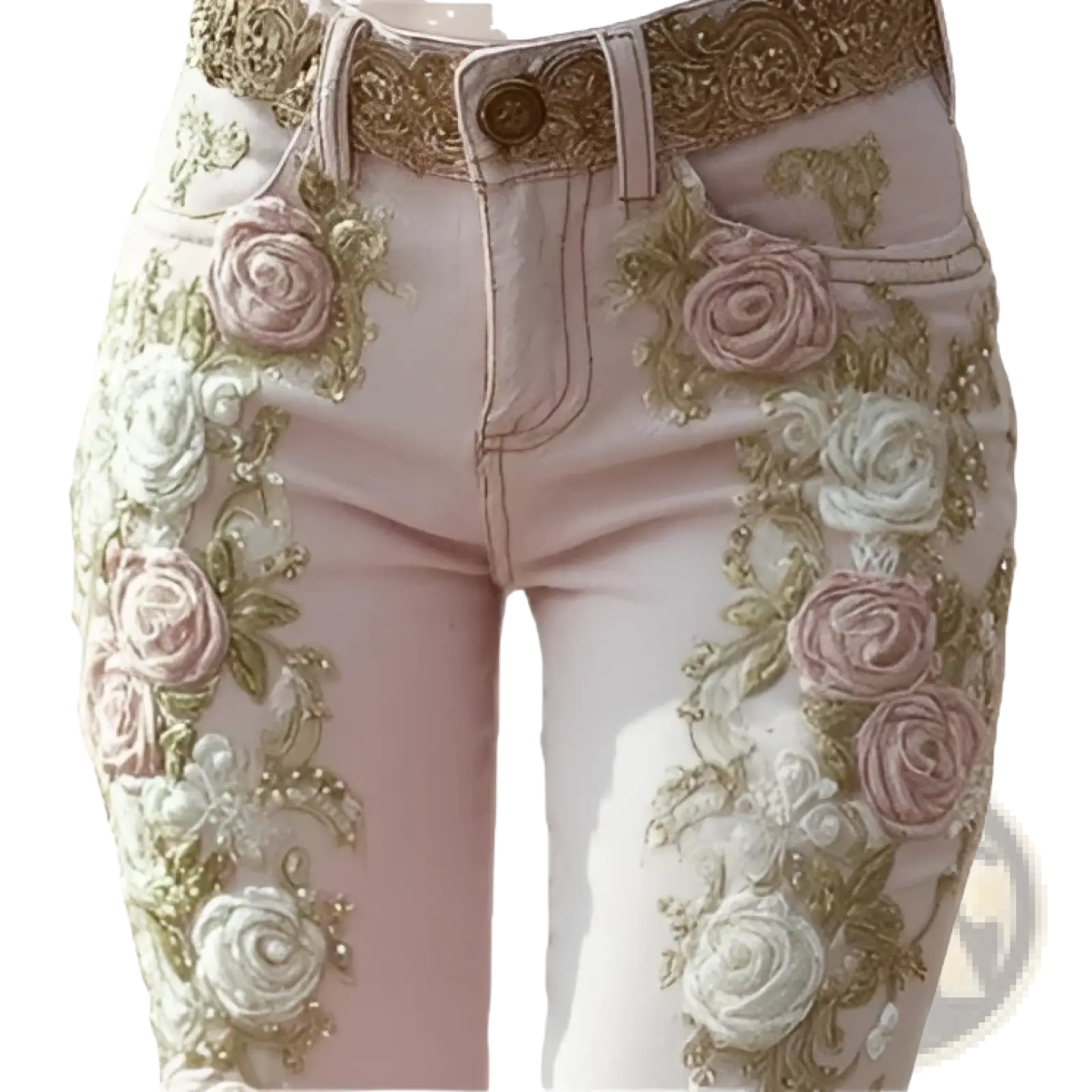 Floral embroidered pink denim flare jeans featuring intricate rose embroidery in shades of pink white and gold