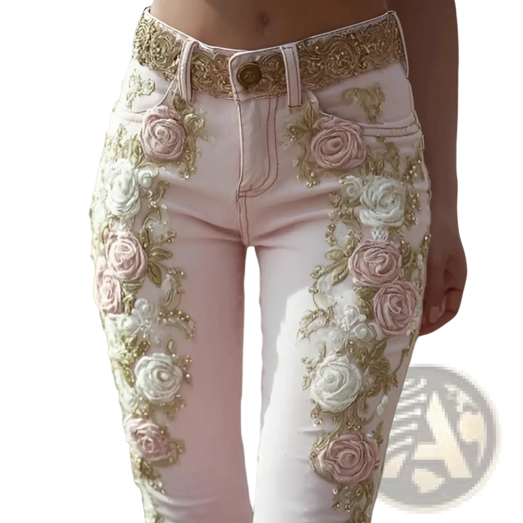 Floral embroidered pink denim flare jeans featuring intricate pink white and gold floral embroidery on pink denim
