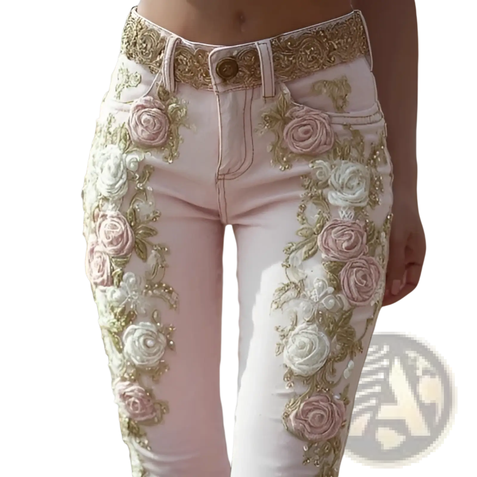Floral embroidered pink denim flare jeans featuring intricate pink white and gold floral embroidery on pink denim